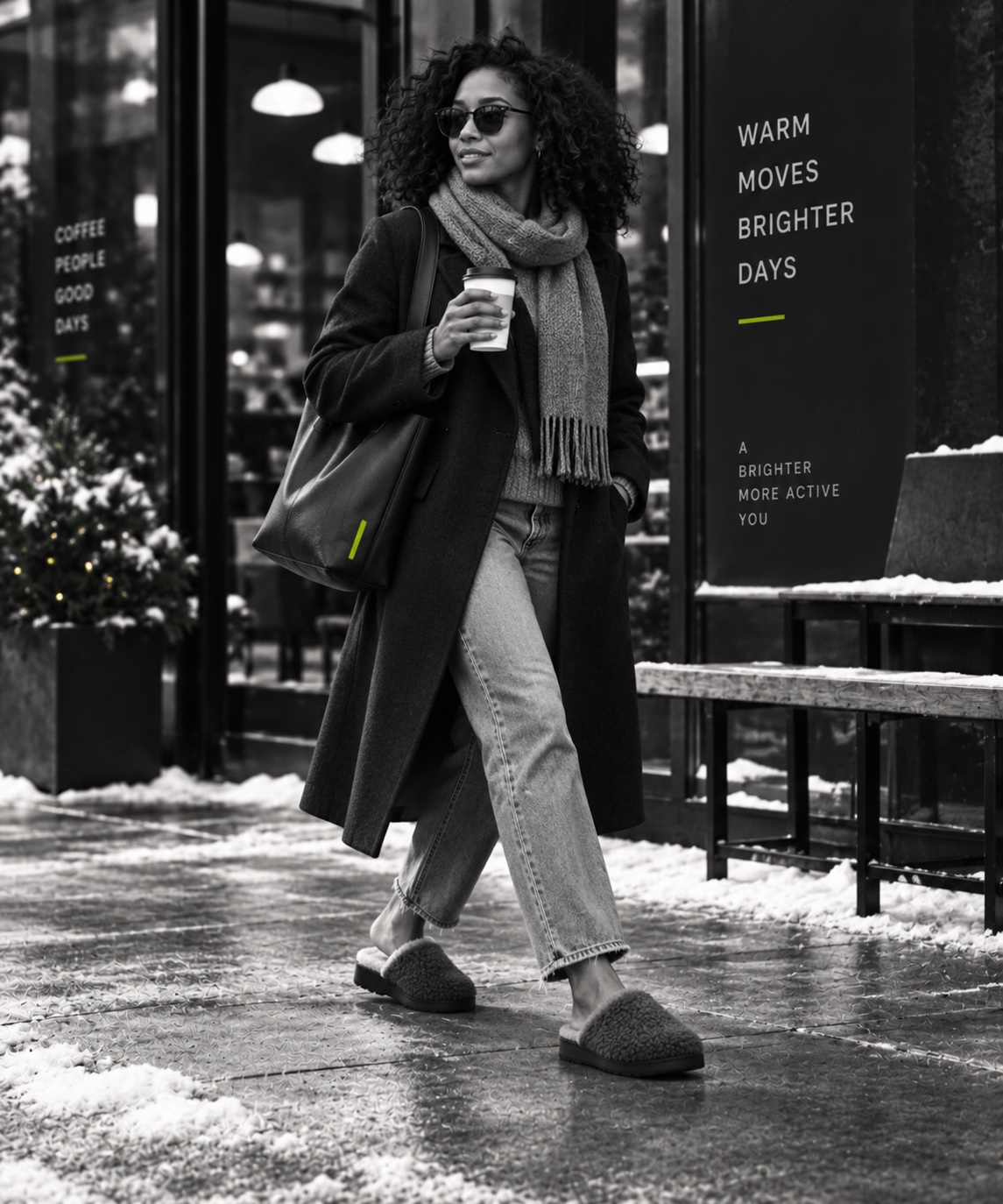 Woman in a coat and scarf wearing soft open-back mules outside a winter café