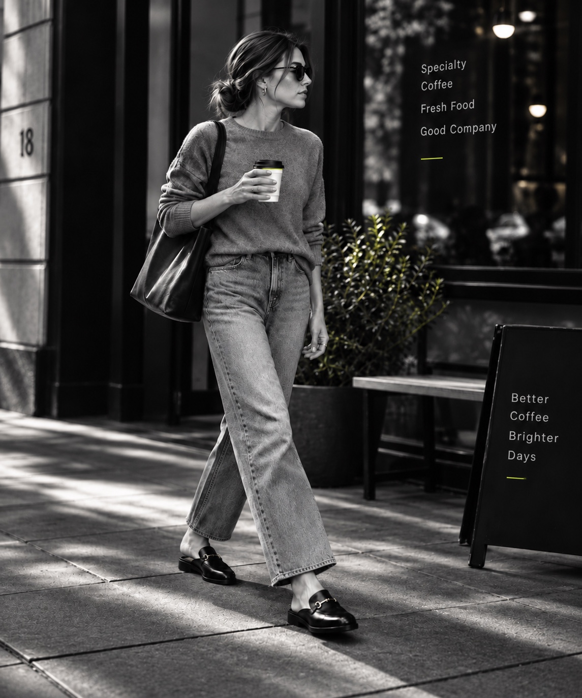 Woman in a knit sweater and jeans wearing refined black open-back mules outside a café