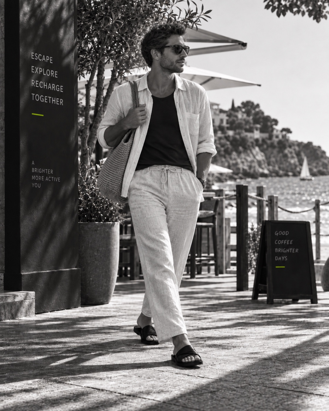 Man in light linen clothing wearing black slides beside a seaside café
